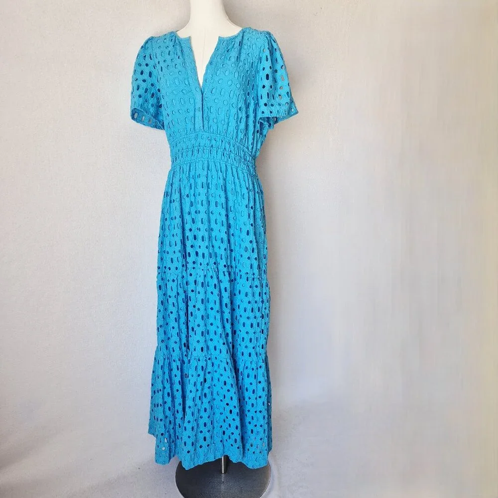 EUC Anthropologie Somerset Eyelet Edition Maxi Dress Short Sleeve Pocket Blue - Picture 3 of 16